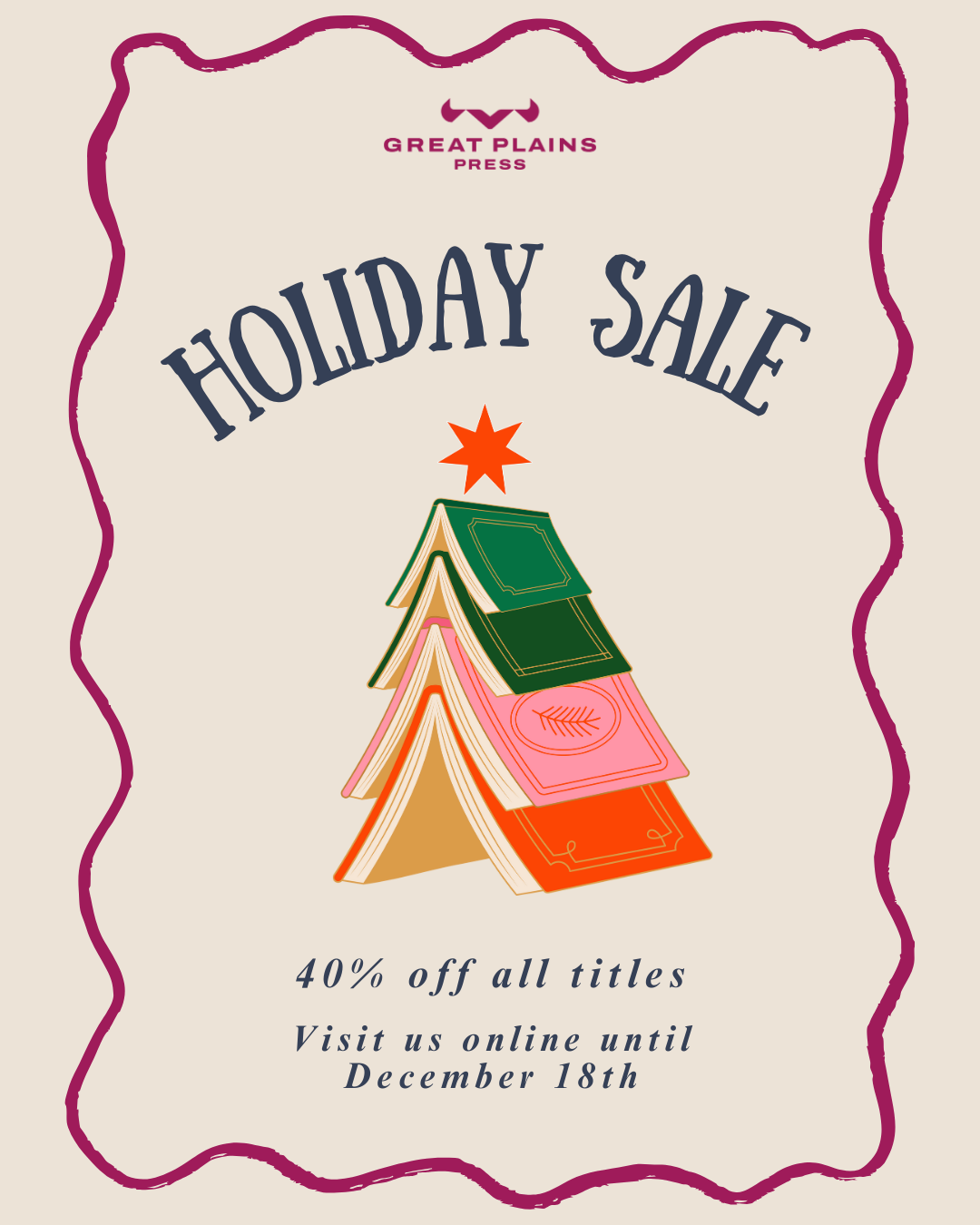 a holiday graphic where books are laying open on top of each other to look like a tree. There's a star on top, and the text readers HOLIDAY SALE